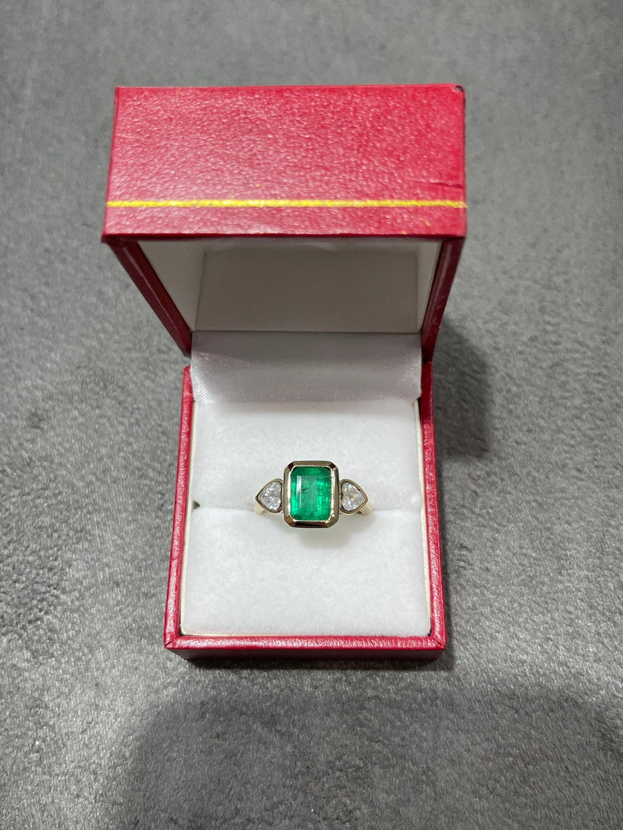2.54tcw Emerald & Heart Cut Diamond Three Stone Ring Gold 14K