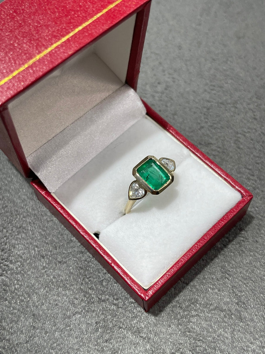 Emerald & Heart Cut Diamond Three Stone Ring Gold