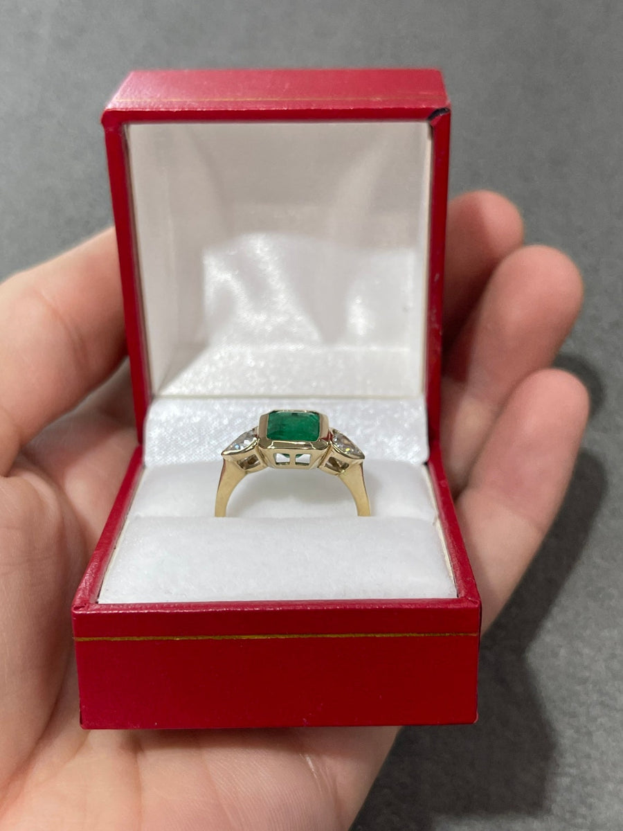 2.54tcw Emerald & Heart Cut Diamond Three Stone Ring Gold