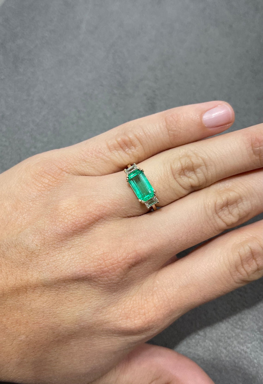 Three Stone Emerald & Emerald Cut Diamond anniversary Ring 3.64tcw 14K