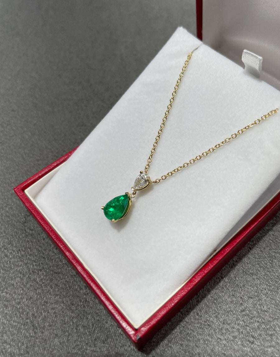  Colombian Emerald & Diamond Teardrop Pear Necklace 18K