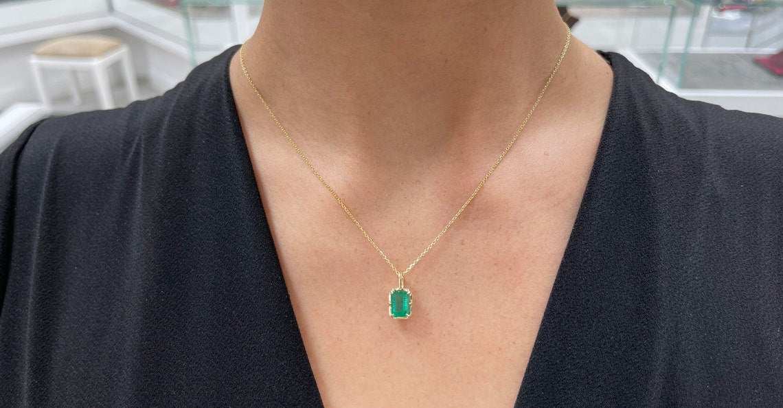 2.02 Carat Natural Dark Green Emerald Georgian  Solitaire Pendant 14K