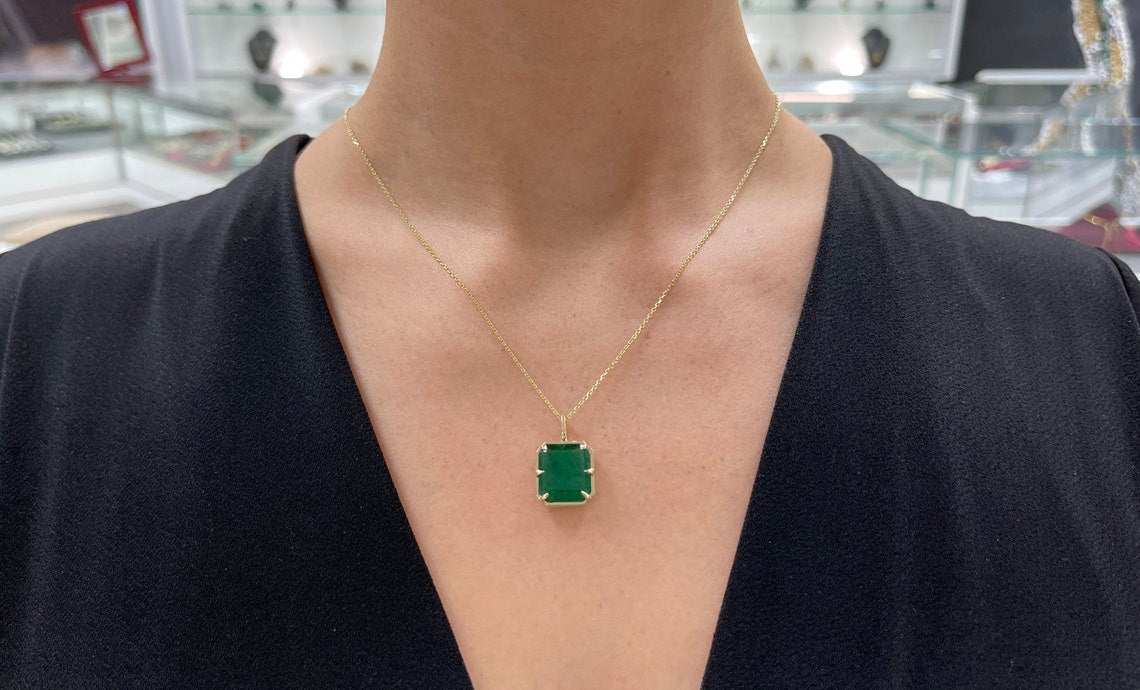 Dark Green Emerald Georgian Styled Solitaire Pendant 14K