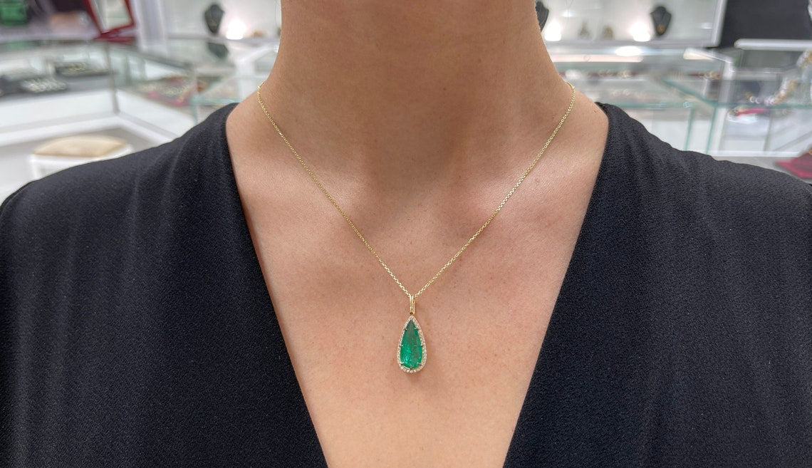 3.68tcw Natural Rich Emerald & Diamond Halo Tear Drop Pendant Yellow Gold 18K