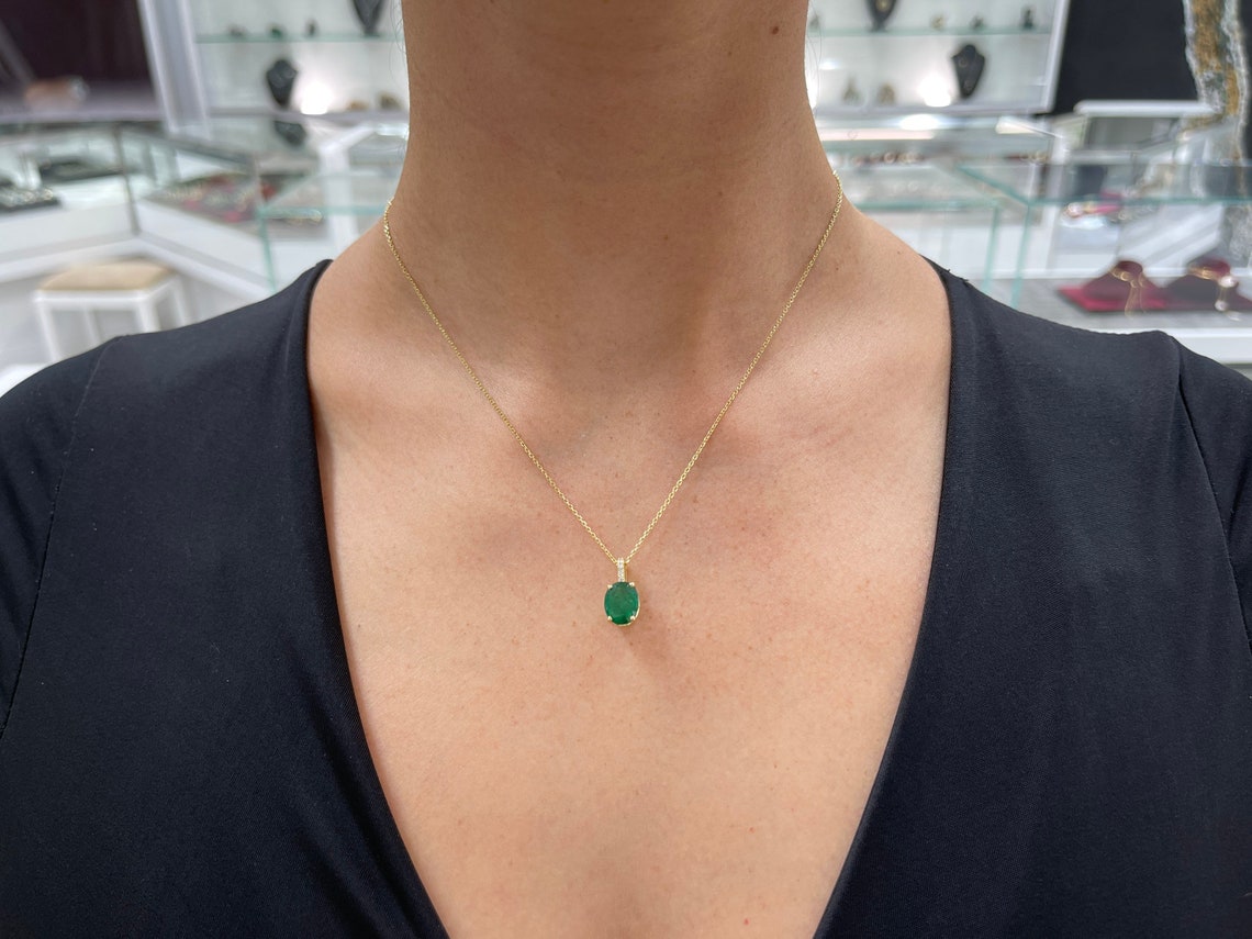 2.82tcw Deep Dark Green Natural Oval Cut Emerald & Diamond Pendant 18K - JR Colombian Emeralds