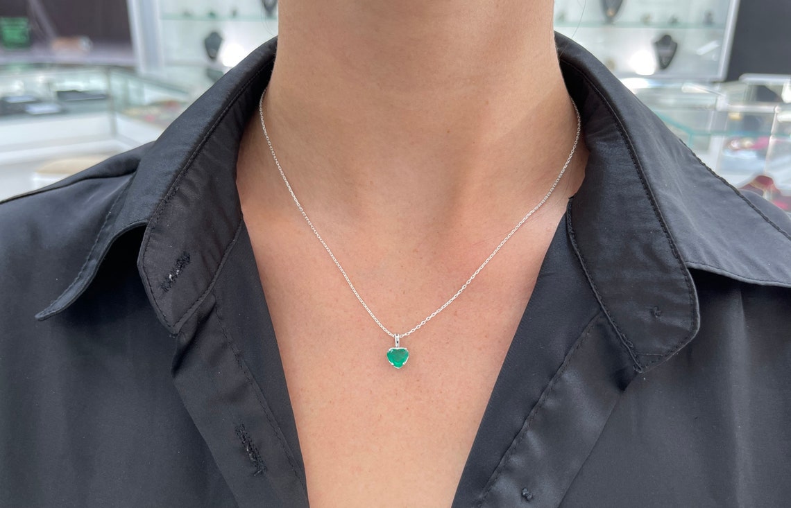 0.90 Carat Heart Cut Dark Green Colombian Emerald Pendant