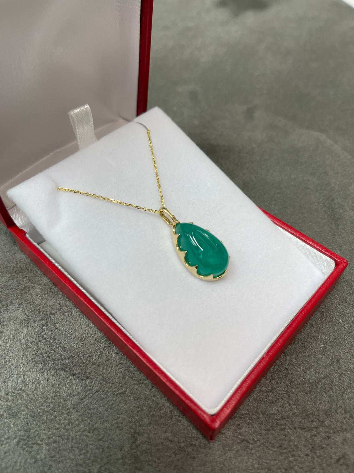 16.57 Carat Large Pear Cut Colombian Emerald Cabochon Necklace 14K