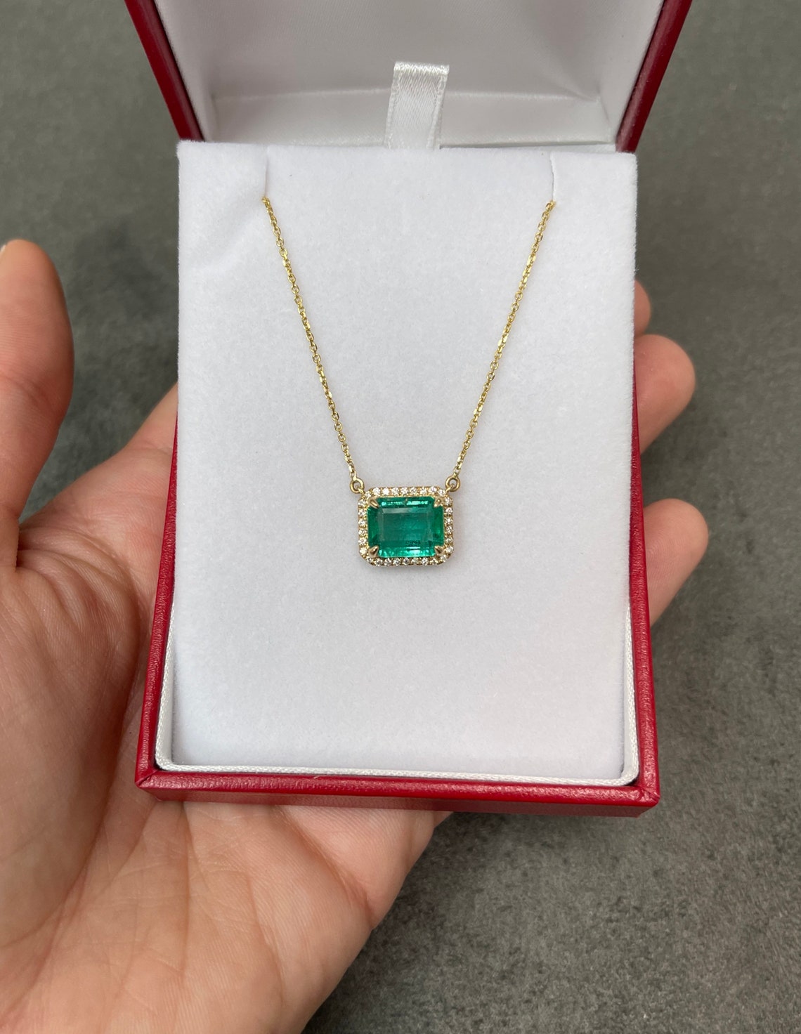 4.0tcw East To West Natural Rare Bluish Green Rectangle Emerald & Diamond Halo Stationary Necklace 14K