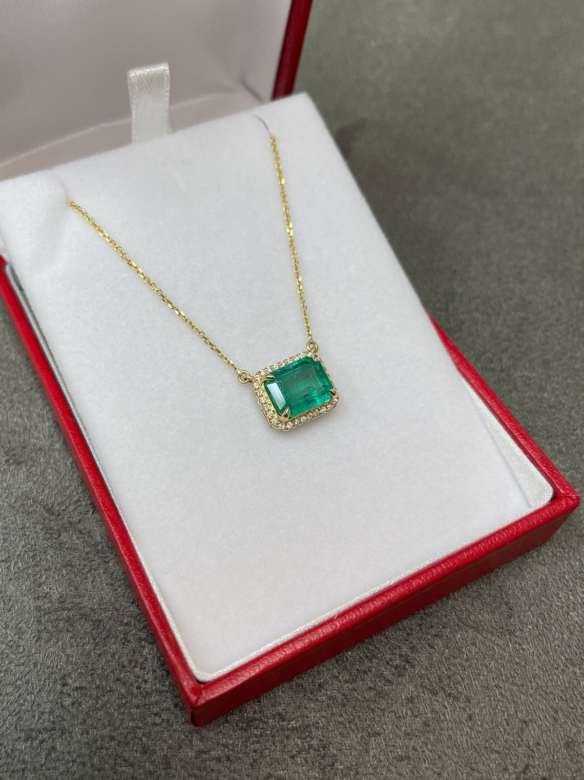 4.0tcw East To West Natural Rare Bluish Green Rectangle Emerald & Diamond Halo Stationary Necklace 14K