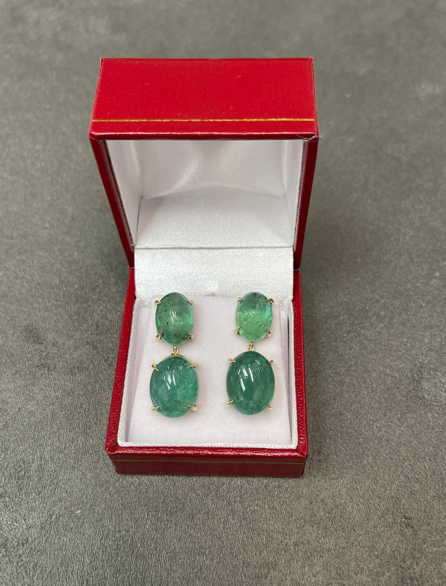  Large Natural Cabochon Emerald Dangle Drop Earrings 14K