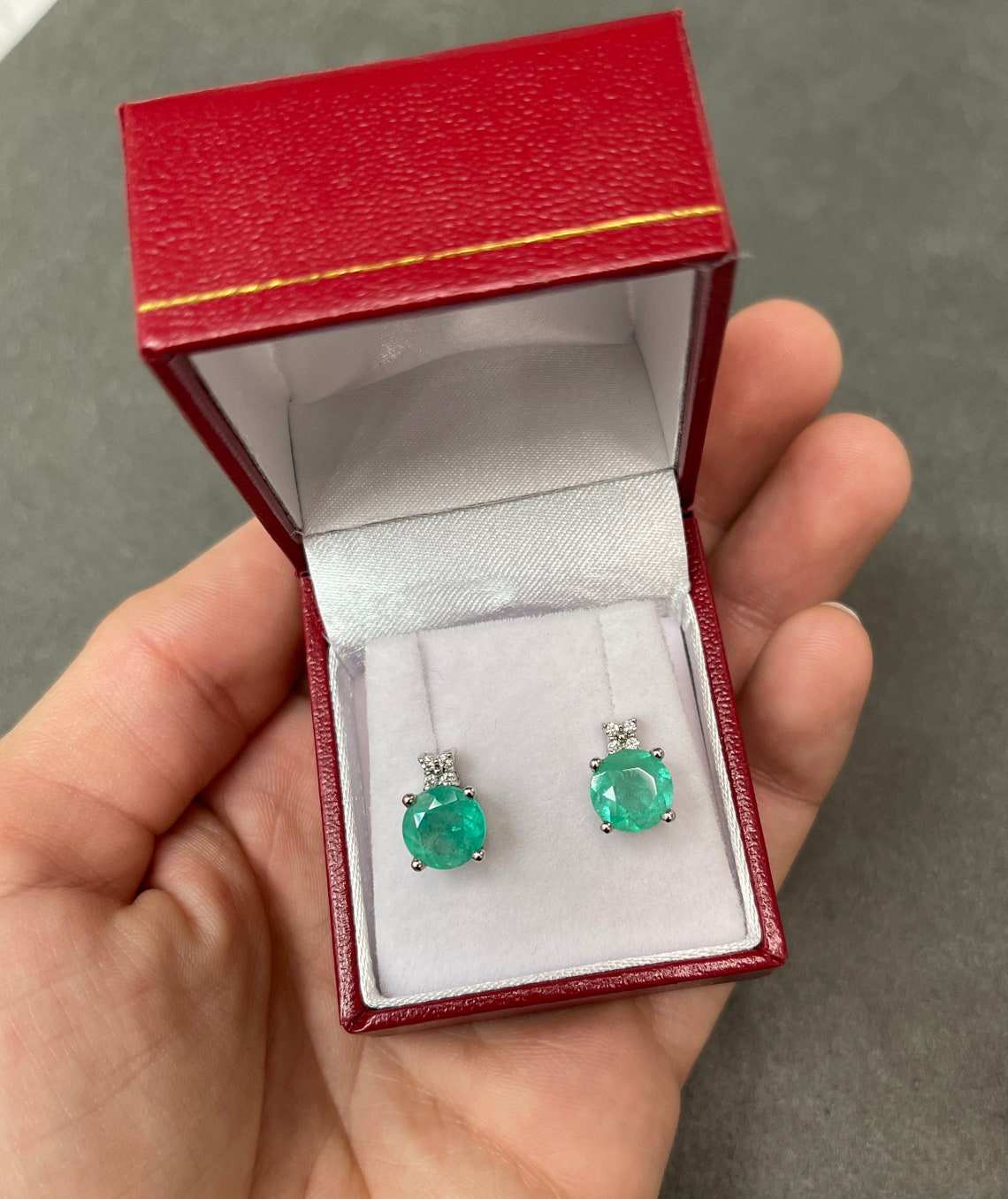 4.32tcw Large Round Cut Colombian Emerald & Diamond Prong Set Studs 14K