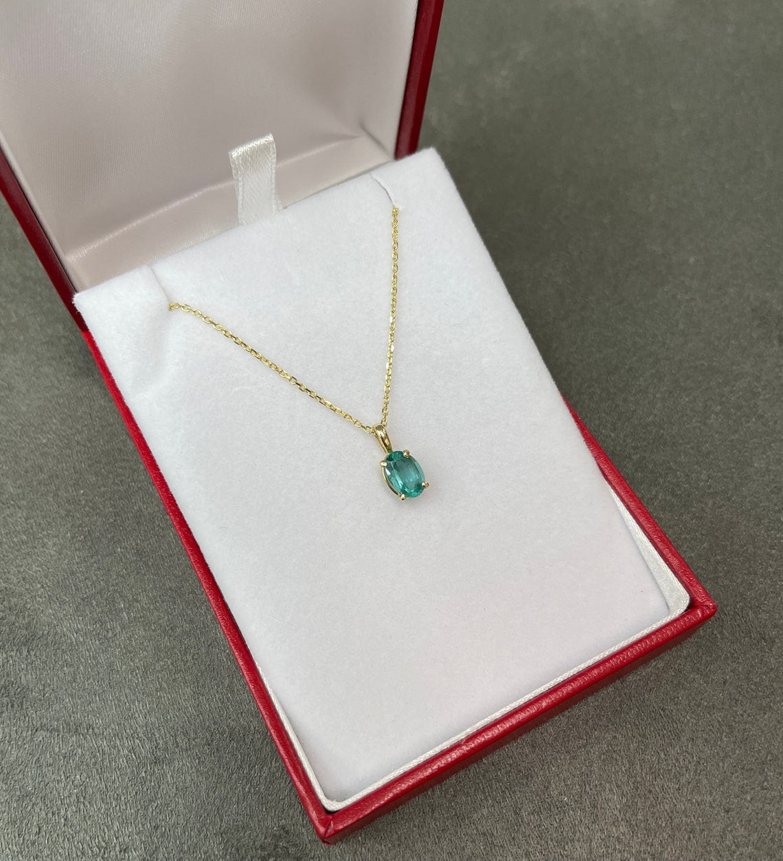 Natural Bluish Green Oval Cut Emerald Solitaire Pendant 14K