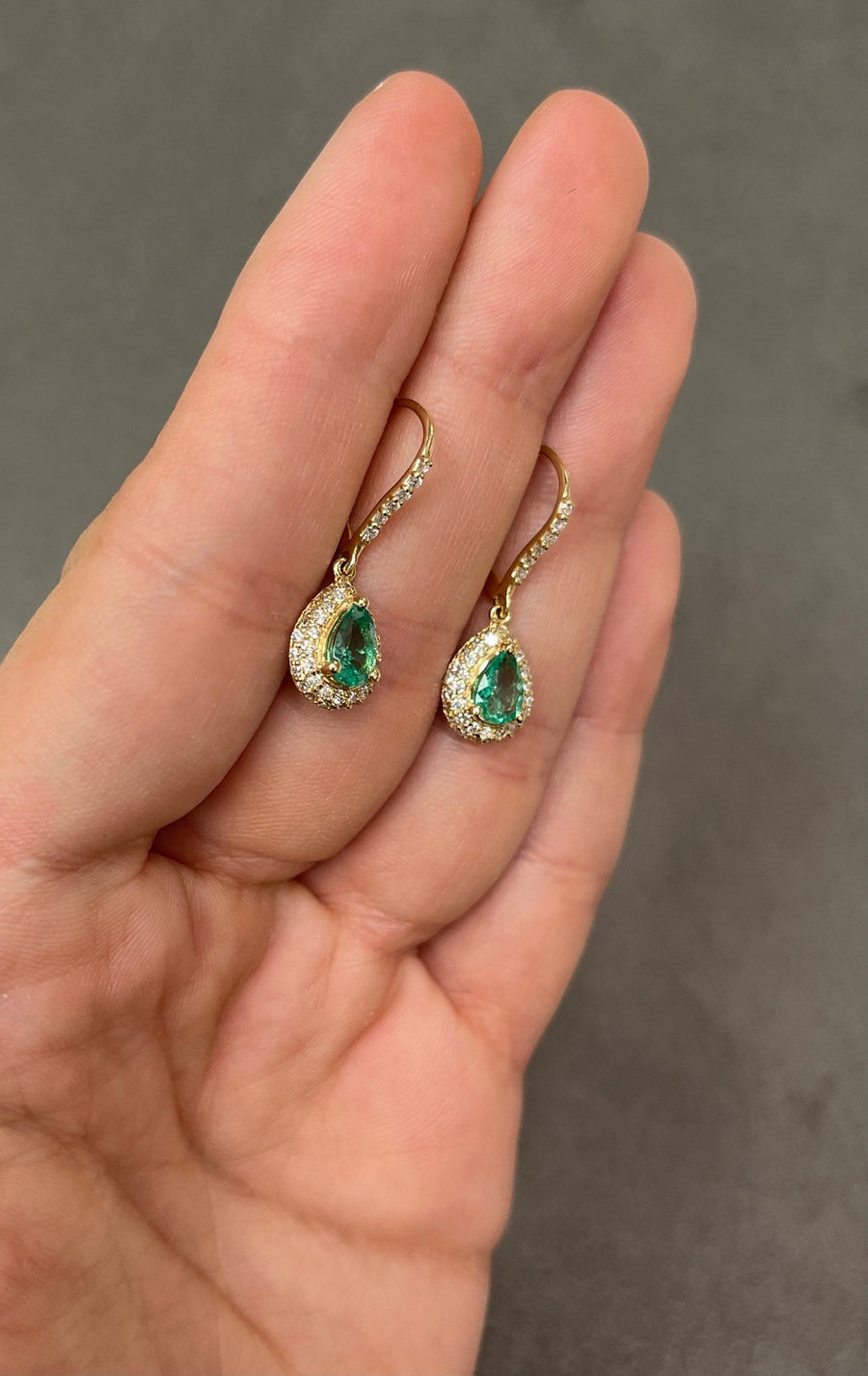 Colombian Emerald & Pave Diamond Teardrop Lever back dangle earrings 14K gold
