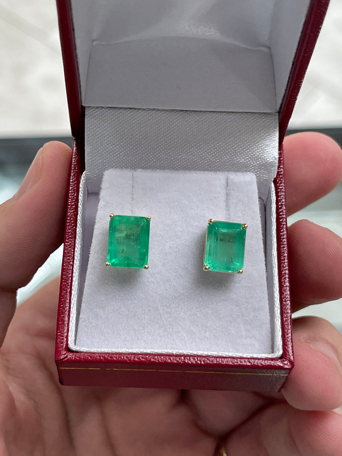 6.0tcw 14K Colombian Emerald-Emerald Cut Stud Earrings - JR Colombian Emeralds