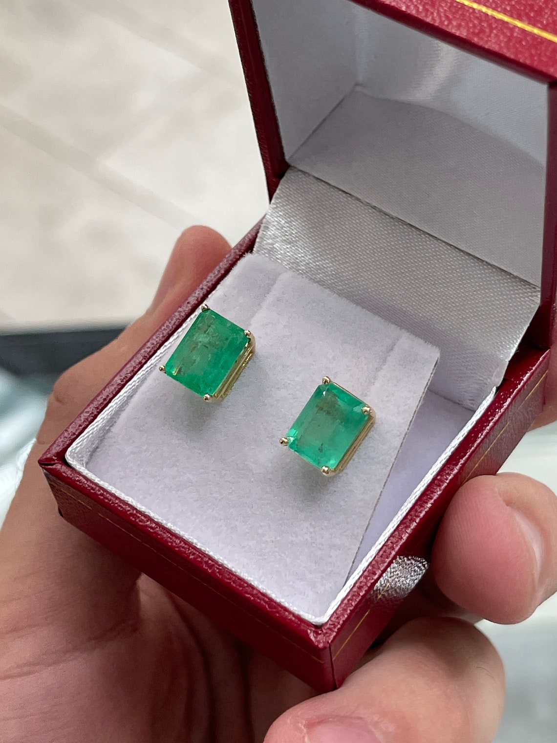 6.0tcw 14K Colombian Emerald-Emerald Cut Stud Earrings - JR Colombian Emeralds