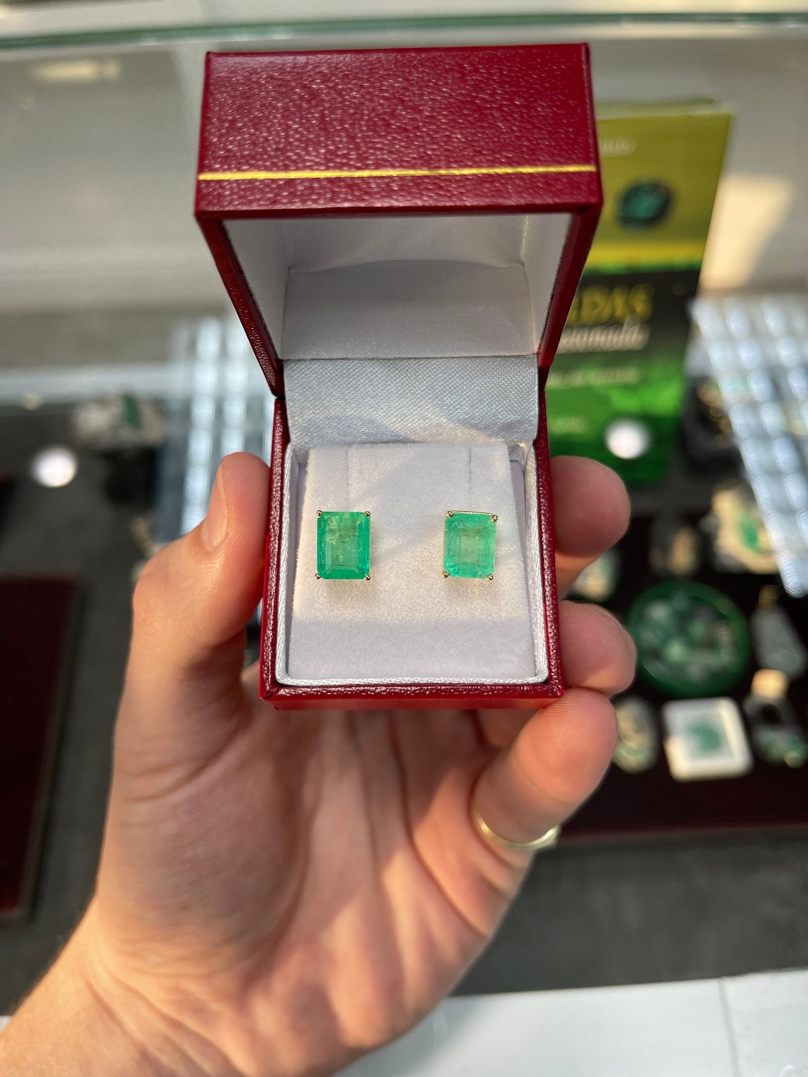 6.0tcw 14K Colombian Emerald-Emerald Cut Stud Earrings - JR Colombian Emeralds