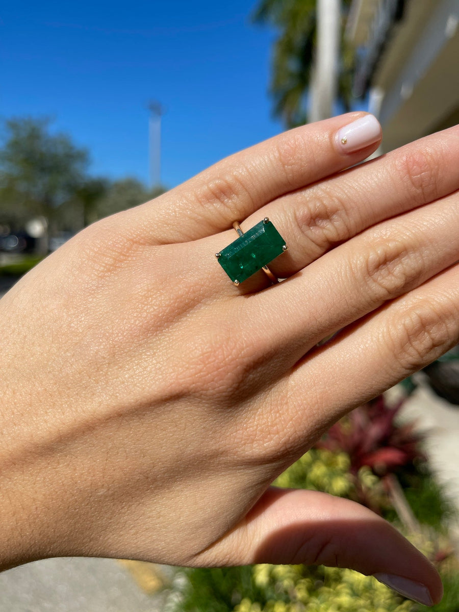 5.20 Carat Dark Green Natural Elongated Emerald Solitaire Ring 14K