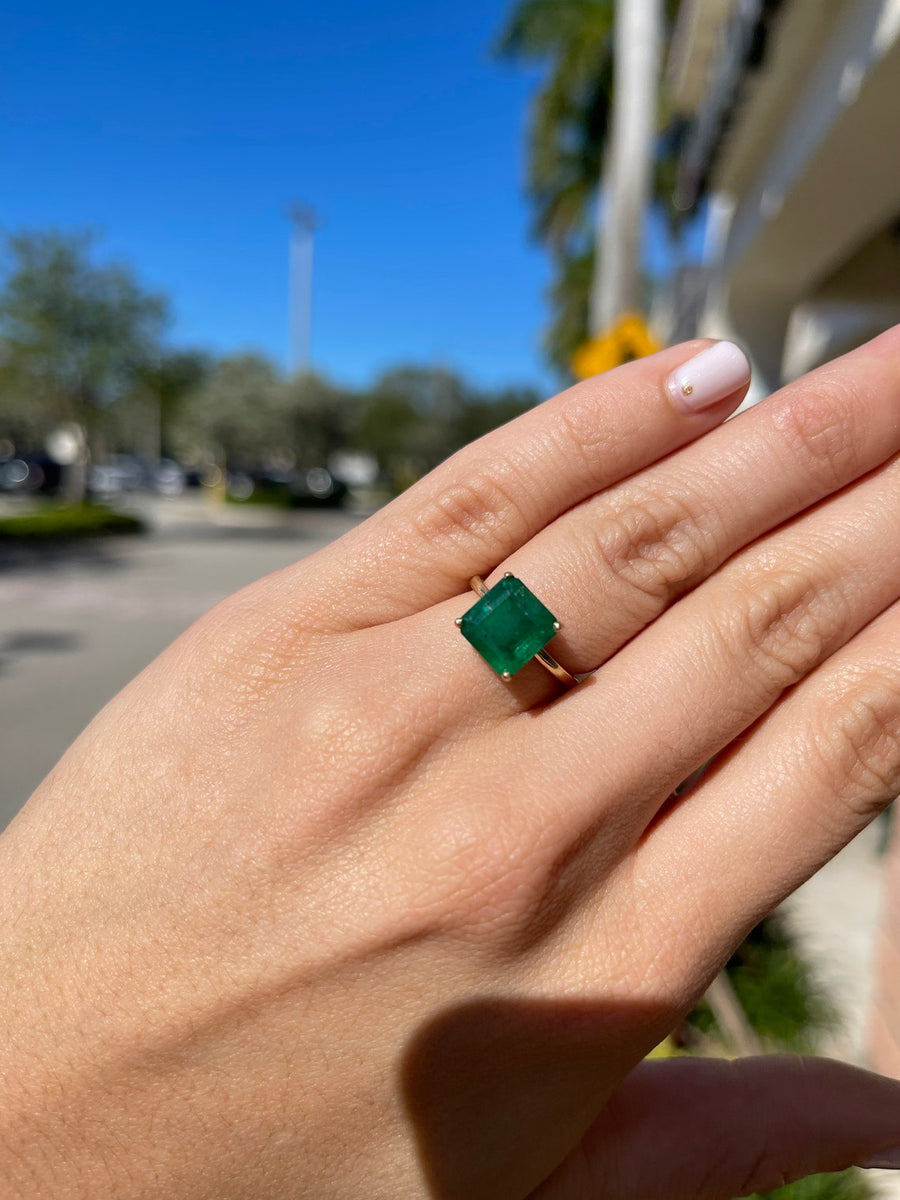 Radiant 14K Gold Ring with 3.40 Carat Dark Green Emerald Solitaire - Timeless Charm