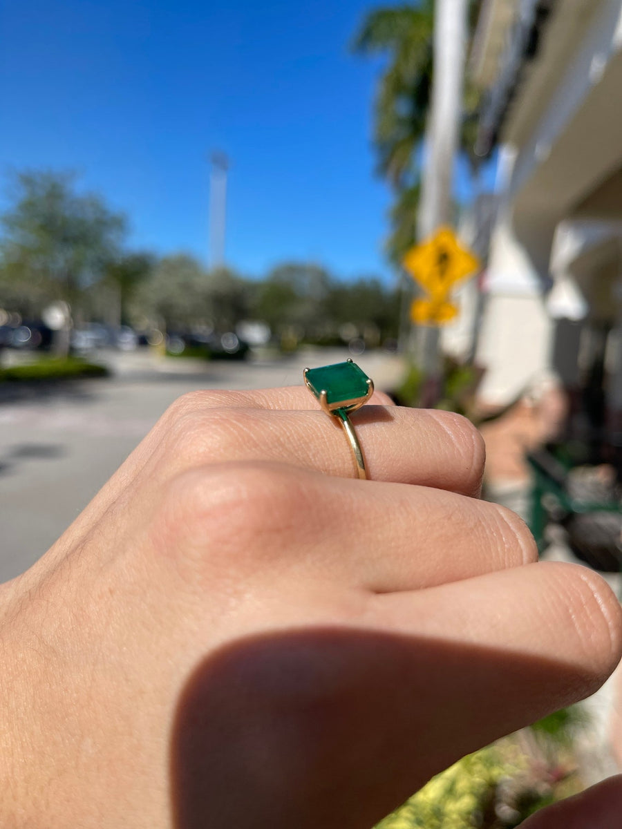 3.40 Carat Dark Green Emerald Solitaire Off Set Engagement Ring 14K