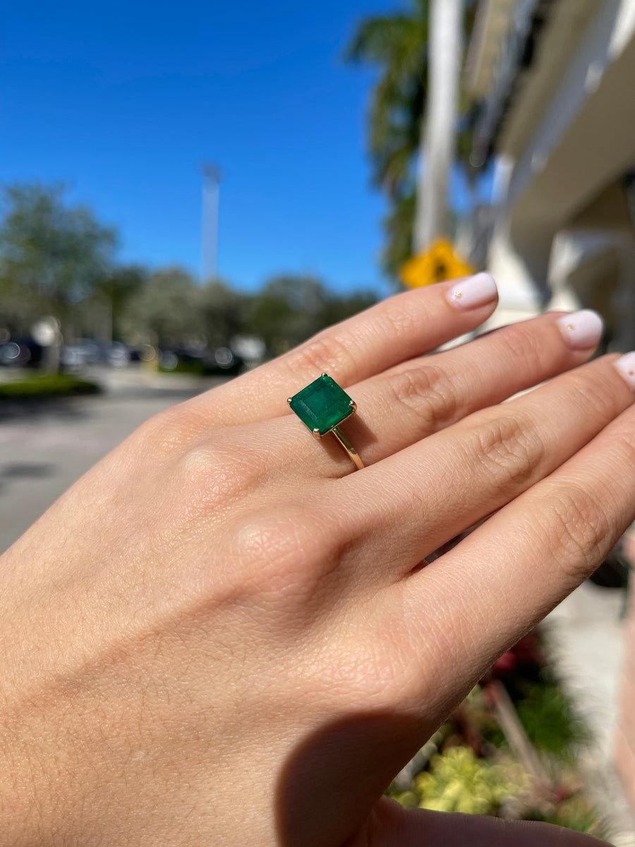 Chic and Sophisticated: Dark Green Emerald Solitaire 3.40 Carat Off Set Engagement Ring in 14K Gold