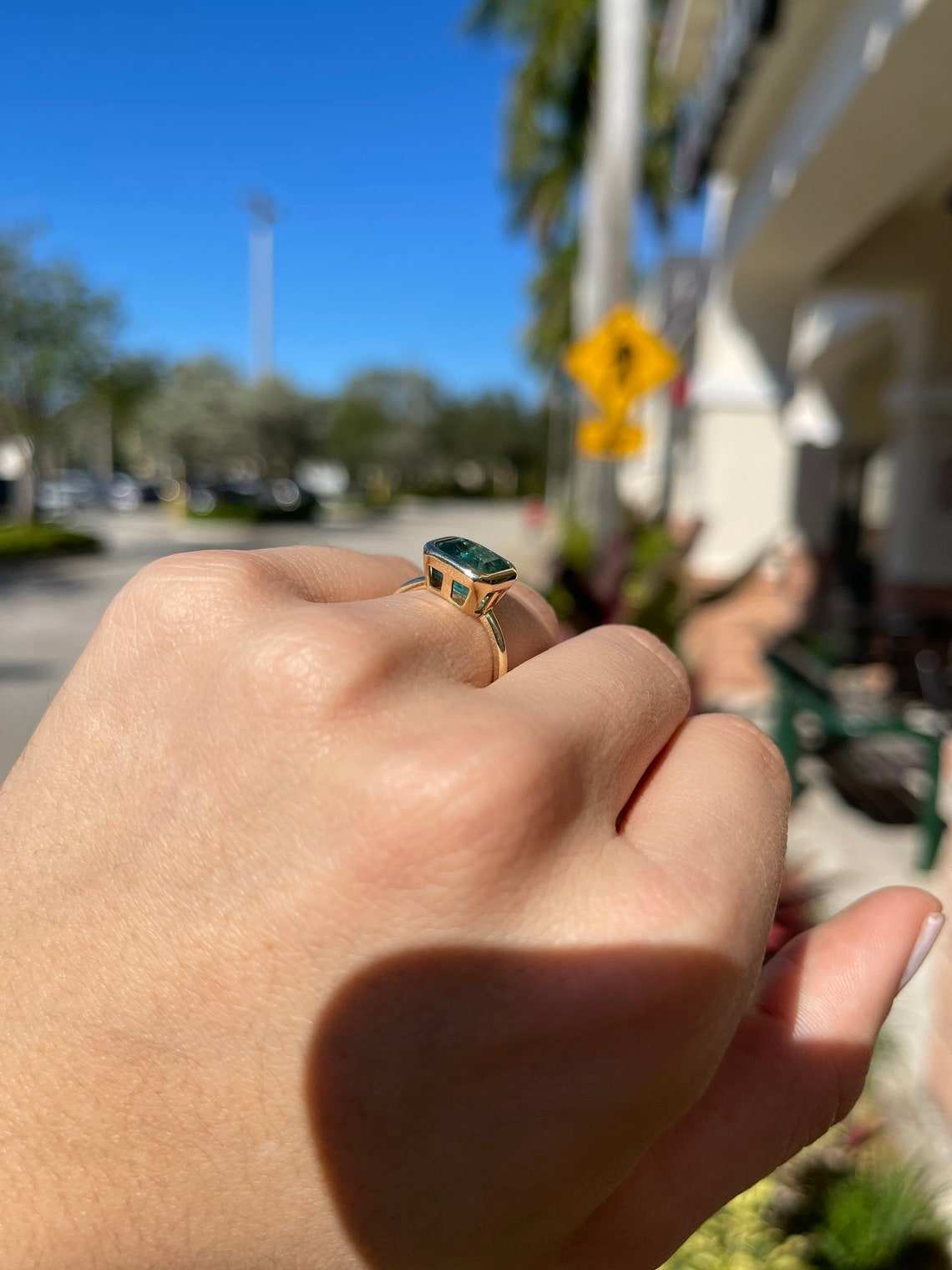 3.85 Carat East to West Bluish Green Emerald Bezel Set Solitaire Ring 14K - JR Colombian Emeralds