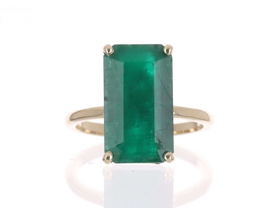 5.20 Carat Dark Green Natural Elongated Emerald Solitaire Ring 14K - JR Colombian Emeralds