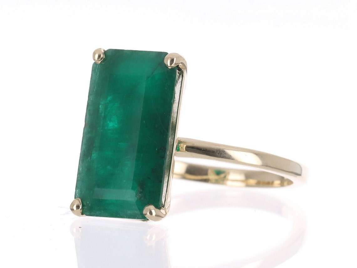 5.20 Carat Dark Green Natural Elongated Emerald Solitaire Ring 14K - JR Colombian Emeralds