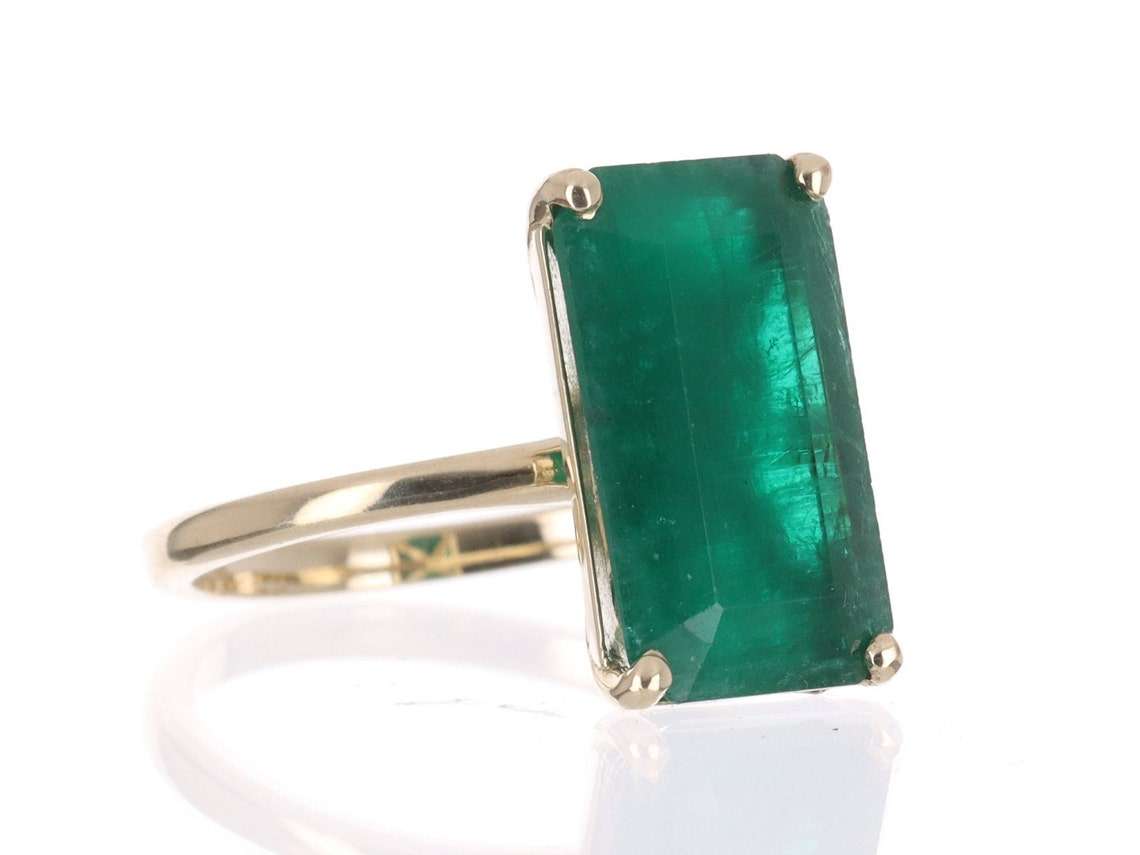 5.20 Carat Dark Green Natural Elongated Emerald Solitaire Ring 14K - JR Colombian Emeralds