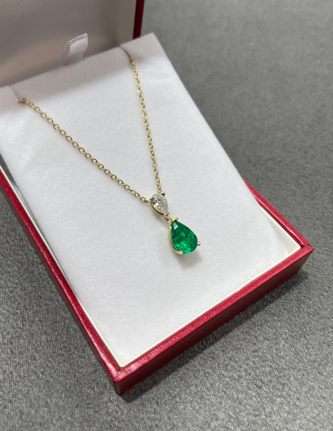 2.58tcw AAA+ Colombian Emerald & Diamond Teardrop Pear Dangle Necklace 18K