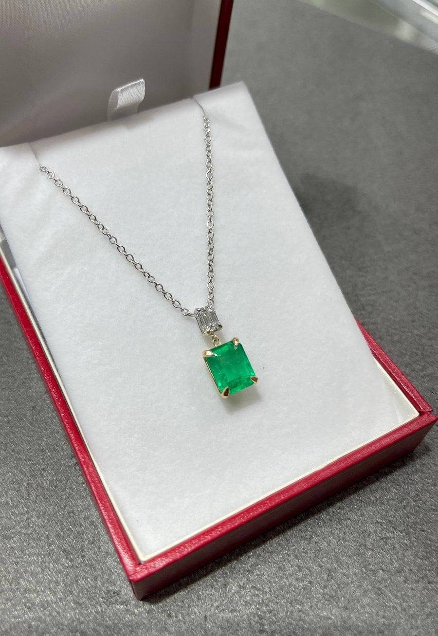 2.95tcw Emerald Cut Vivid Green Colombian Emerald & Diamond Necklace 18K