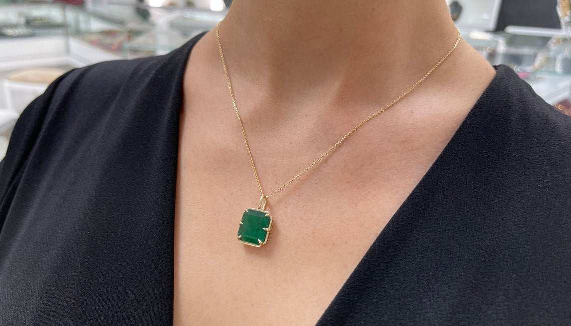 6.30 Carat Natural Dark Green Emerald Georgian Solitaire Pendant 14K