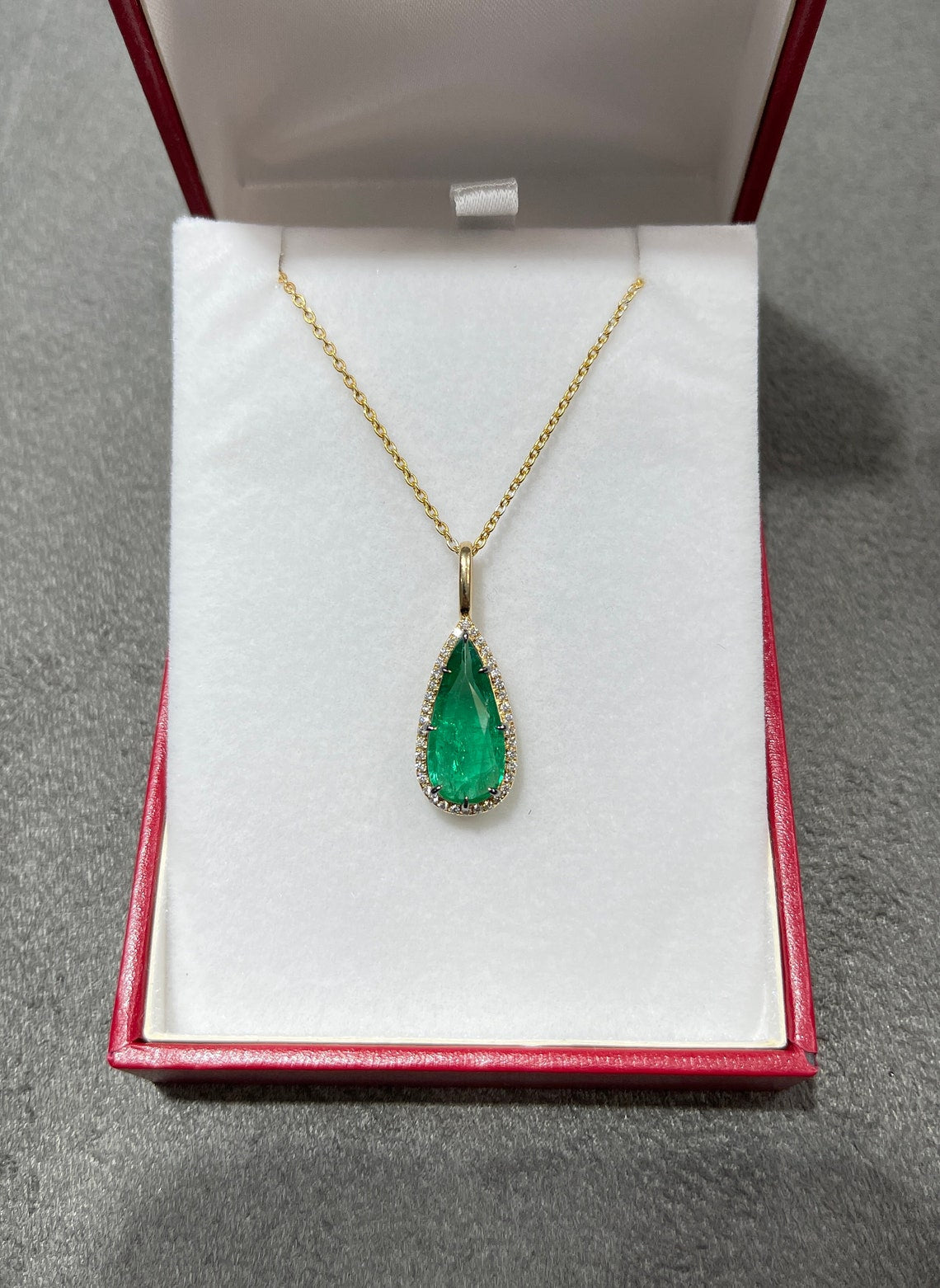 3.68tcw Natural Rich Emerald & Diamond Halo Tear Drop Pendant Yellow Gold 18K