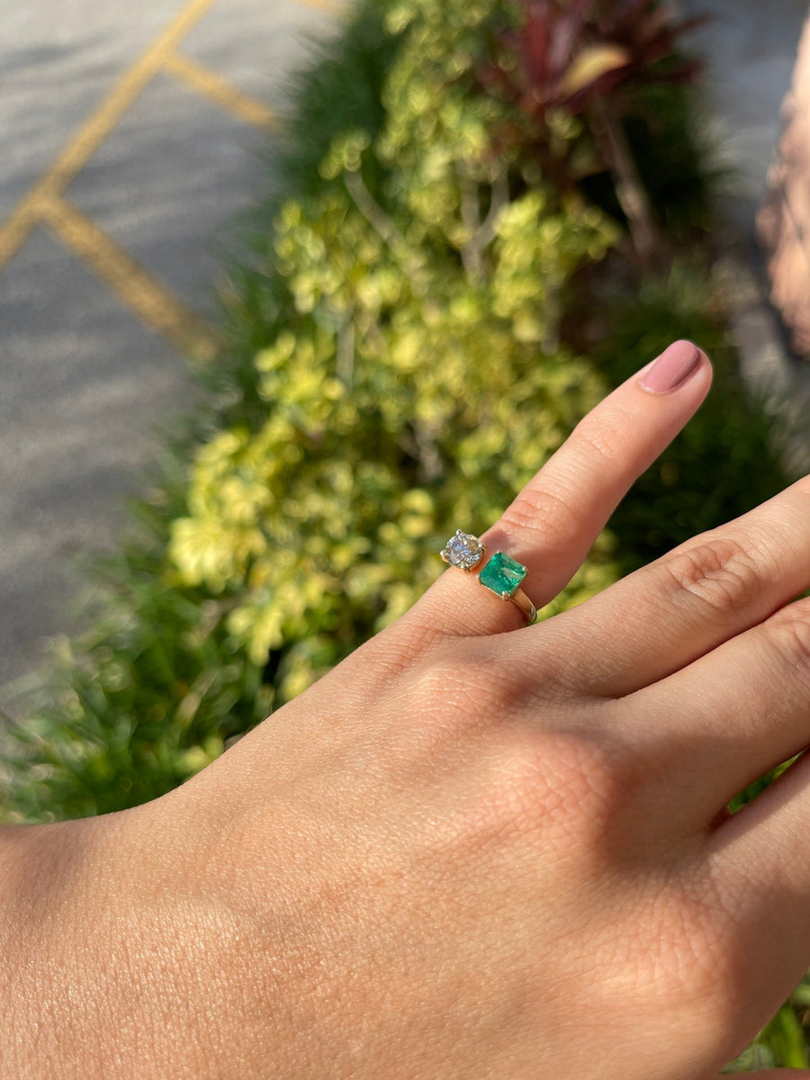 2.54tcw Natural Asscher Emerald & Round Diamond Cuff Toi Et Moi Engagement Ring 14K