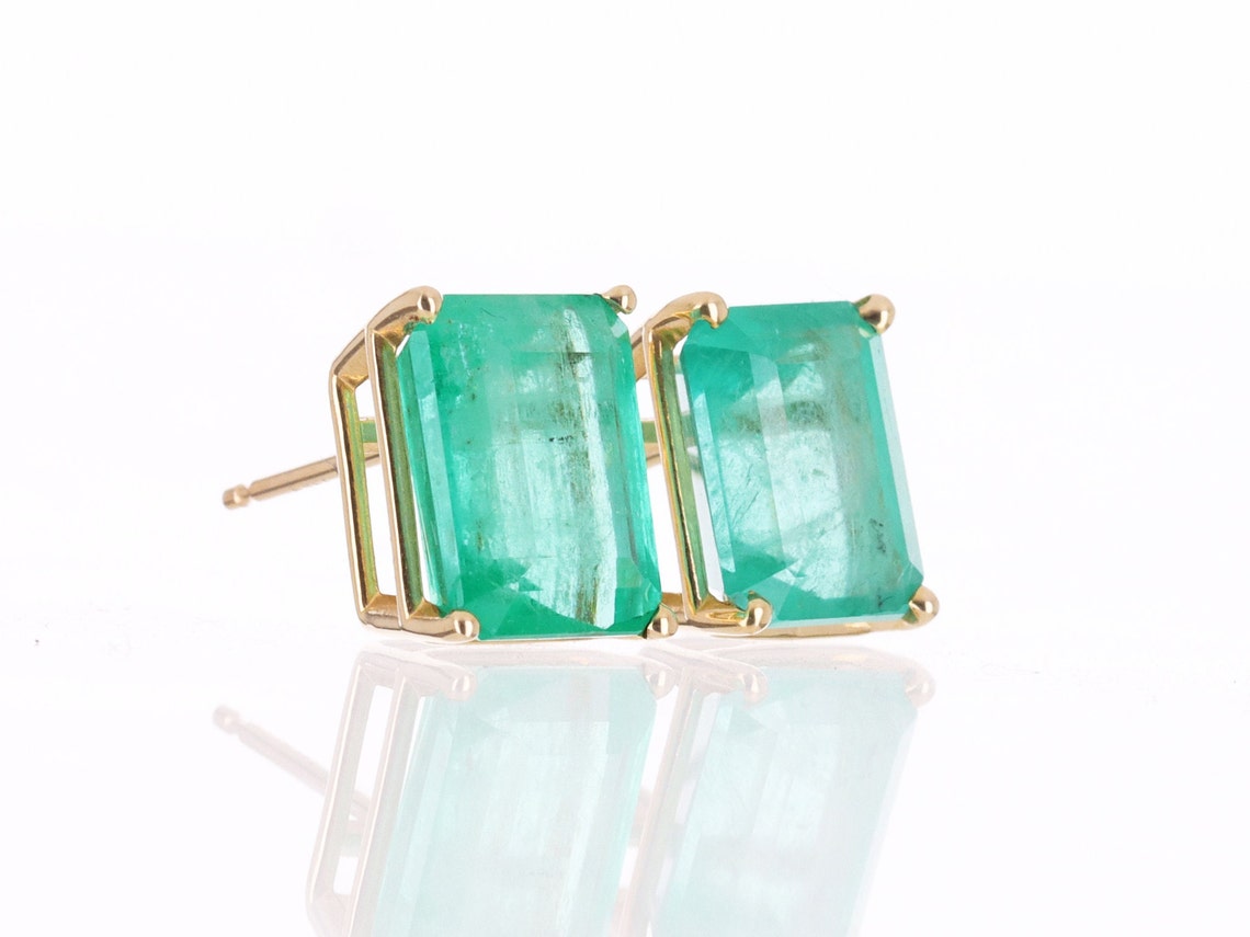 6.0tcw 14K Colombian Emerald-Emerald Cut Stud Earrings - JR Colombian Emeralds