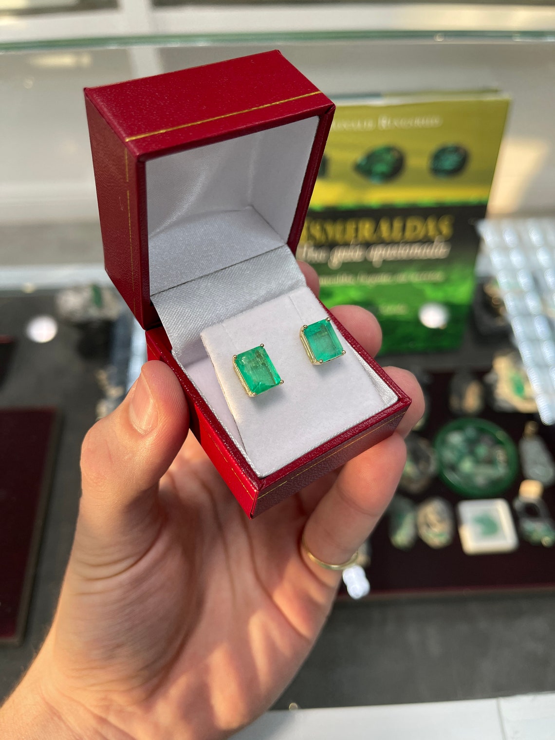 6.0tcw 14K Colombian Emerald-Emerald Cut Stud Earrings - JR Colombian Emeralds