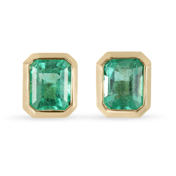 3.70tcw 18K Statement Rich Green Natural Emerald Bezel Stud Earrings