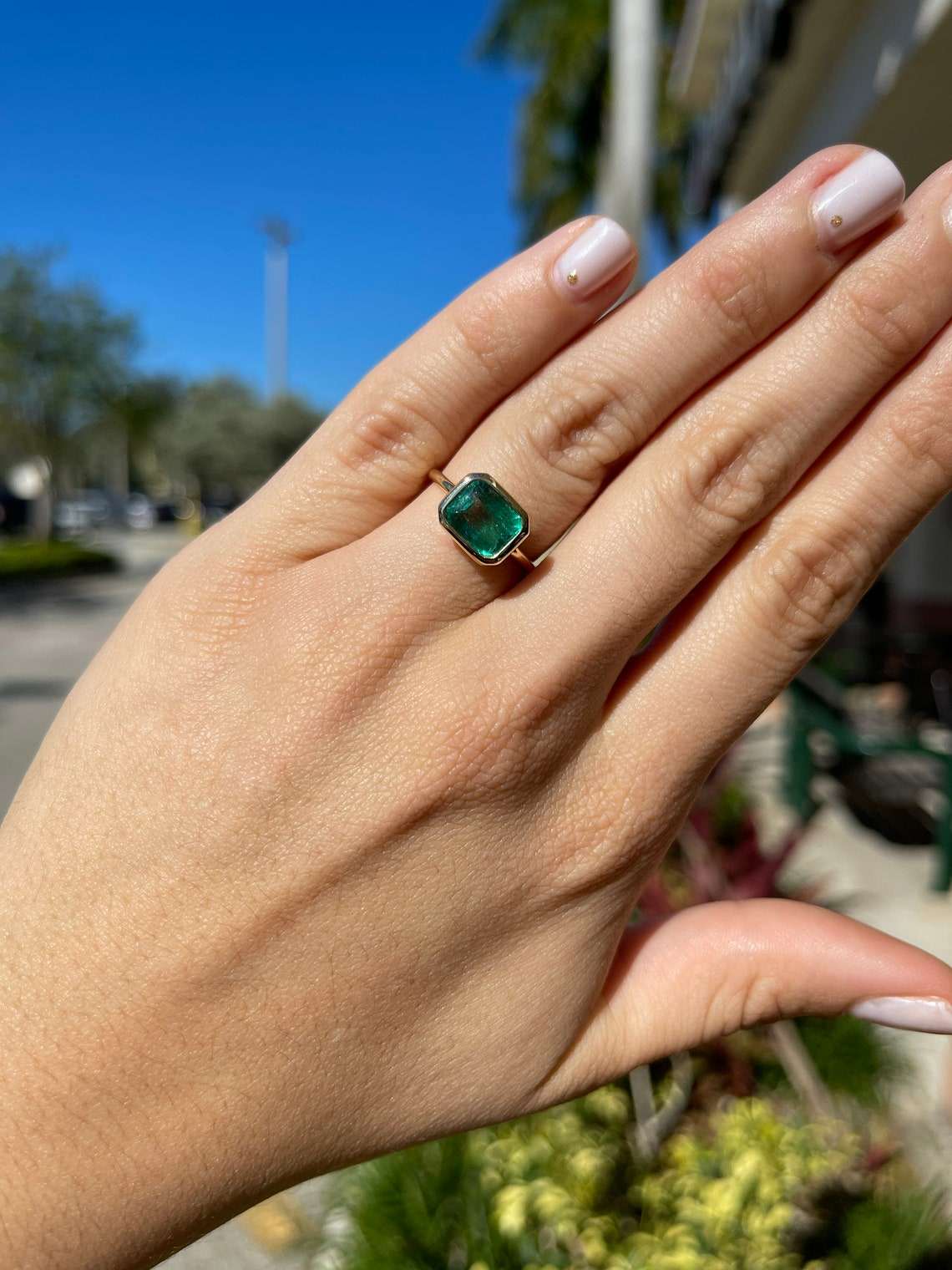 3.85 Carat East to West Bluish Green Emerald Bezel Set Solitaire Ring 14K - JR Colombian Emeralds