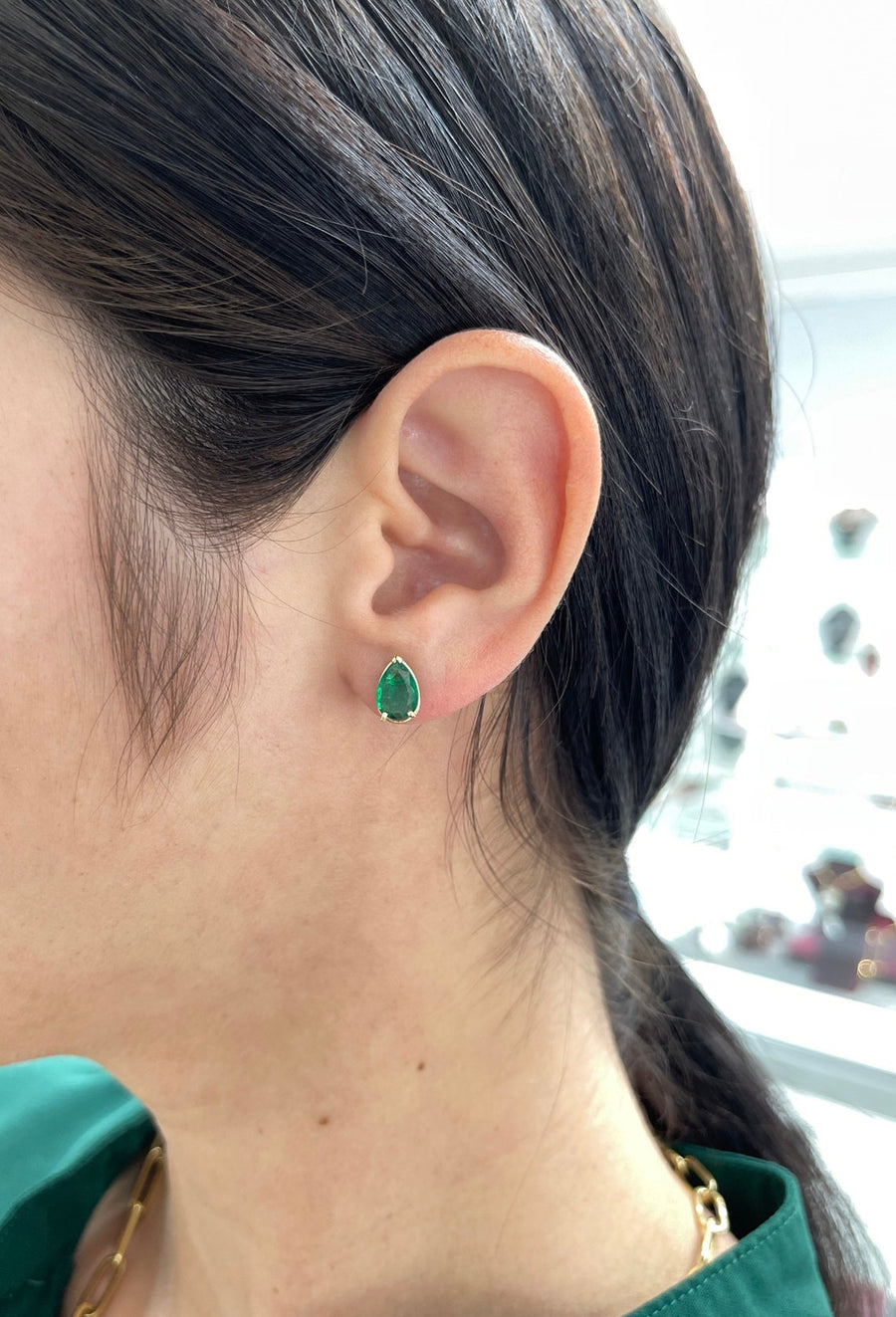 2.15tcw Tear Drop Natural Emerald Stud Earrings Yellow Gold 14K