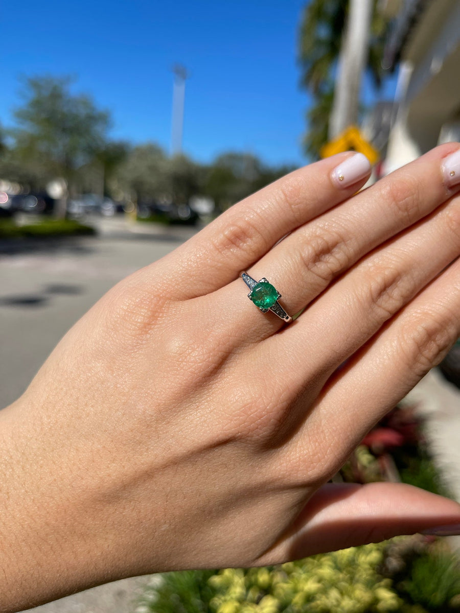 Radiant 14K Gold Ring with 1.0tcw Dainty Dark Green Natural Emerald & Diamond - Timeless Charm