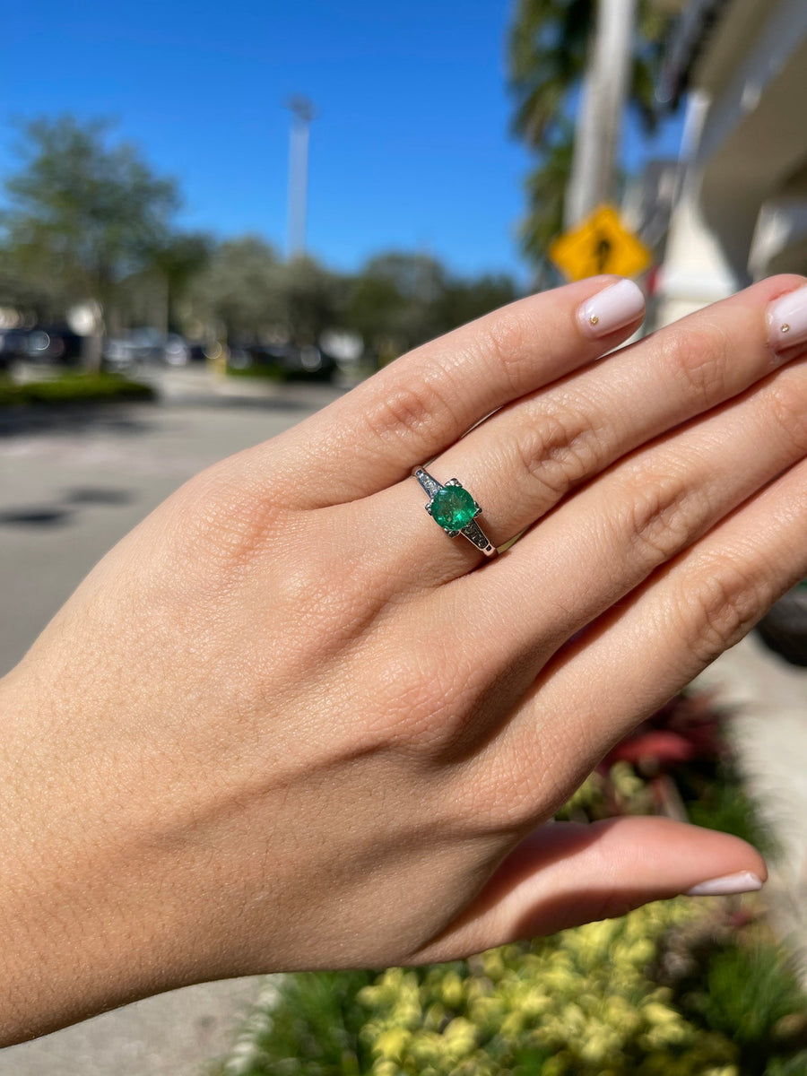Celebrate Brilliance: 14K Gold Ring Featuring 1.0tcw Dainty Dark Green Natural Emerald & Diamond