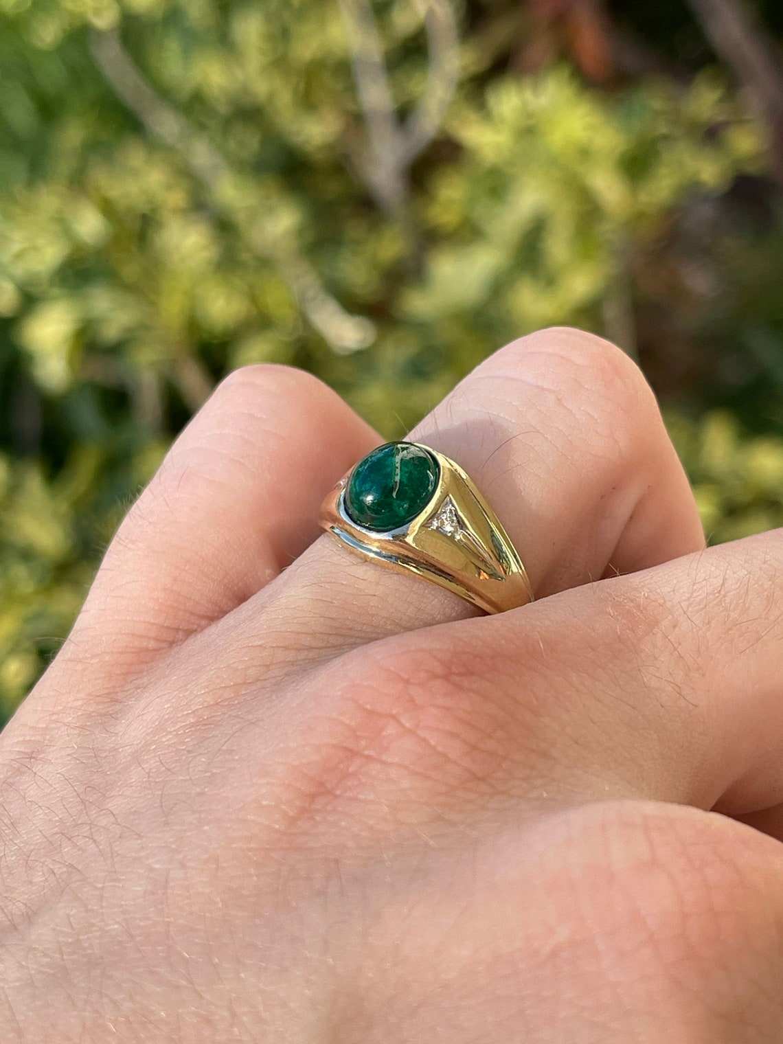 3.20tcw Natural Emerald Cabochon & Diamond Three Stone Men's Everyday Ring 14K - JR Colombian Emeralds