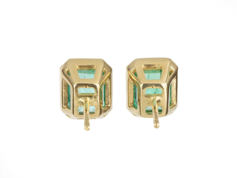18K Statement Rich Green Natural Emerald Bezel Stud Earrings Gold 3.70tcw
