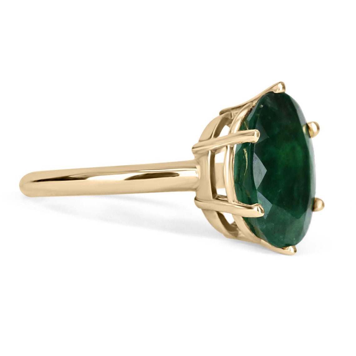 4.80 Carat Dark Green Natural Oval Cut Emerald Six Prong Ring 14K - JR Colombian Emeralds