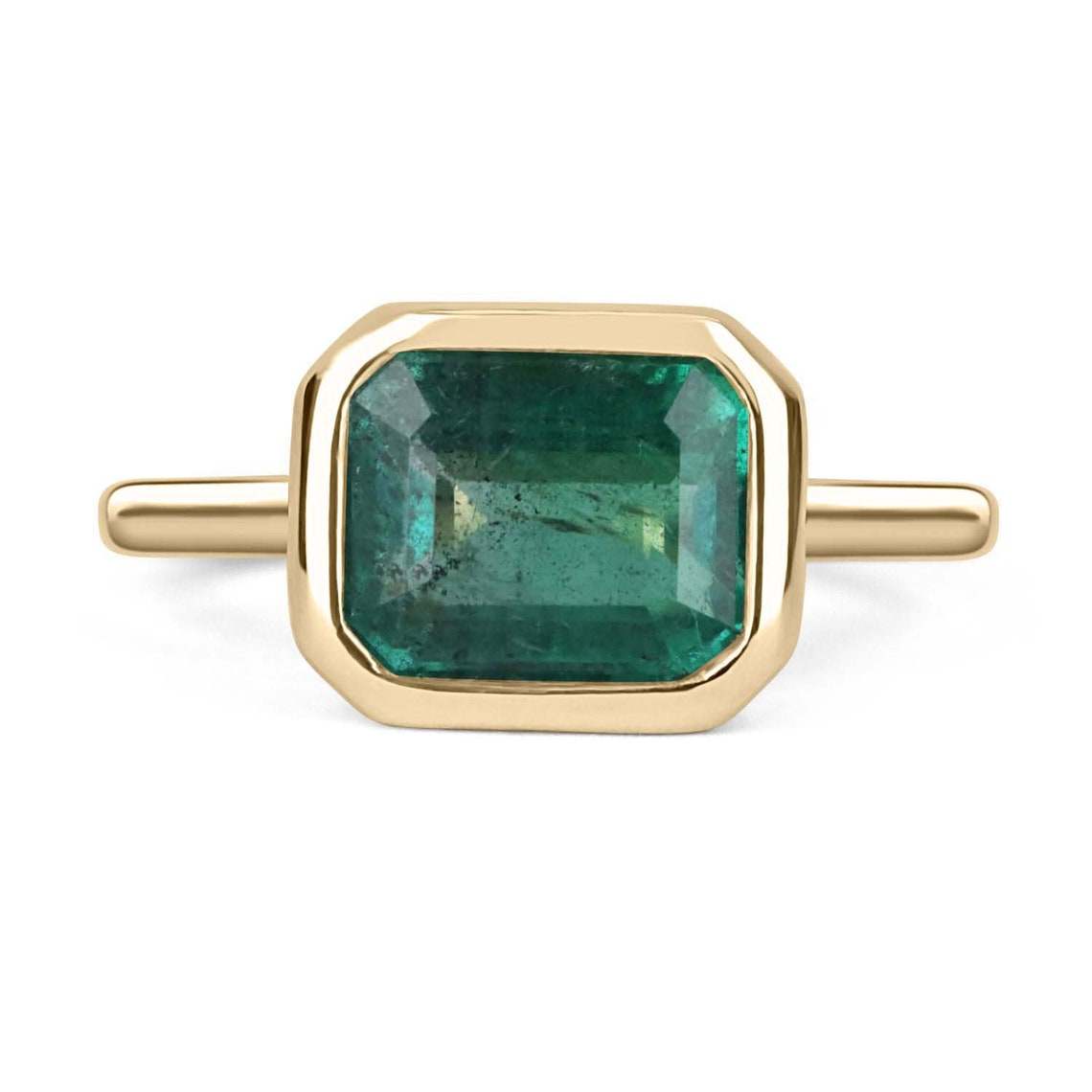 3.85 Carat East to West Bluish Green Emerald Bezel Set Solitaire Ring 14K - JR Colombian Emeralds