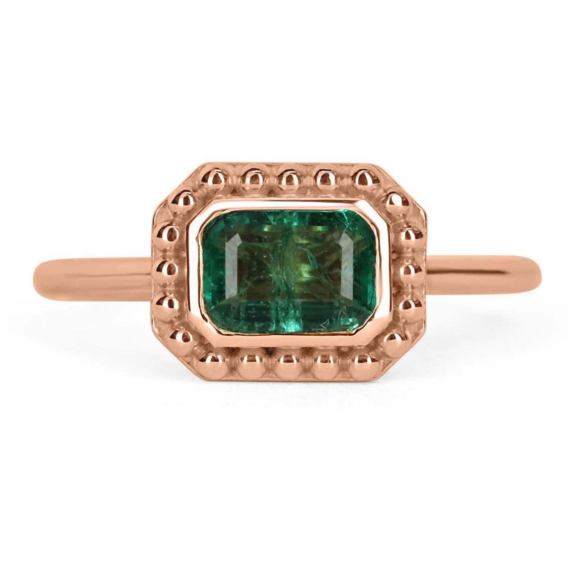 0.90ct Bezel Set Emerald Cut Emerald Solitaire Bead Ring 14K - JR Colombian Emeralds