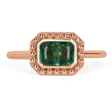 0.90ct Bezel Set Emerald Cut Emerald Solitaire Bead Ring 14K