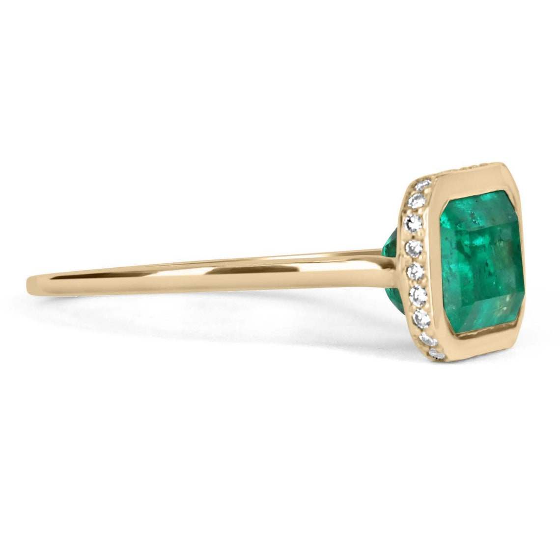 3.92tcw Emerald Bezel Set Colombian Solitaire With Hidden Diamond Brilliant Round Halo Ring 14K