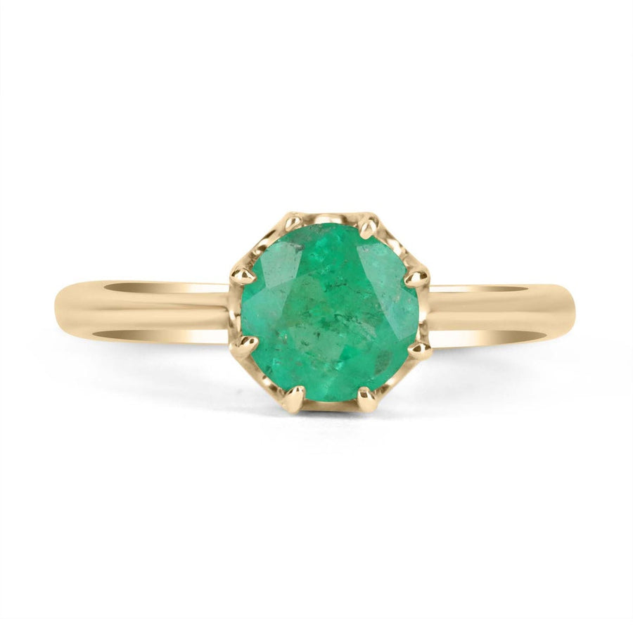1.0 Carat Round Colombian Emerald Eight Prong Solitaire Vintage Ring 14K