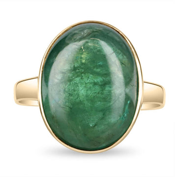 16.37 Carat Large Deep Green Cabochon Emerald Solitaire Bezel Ring 14K