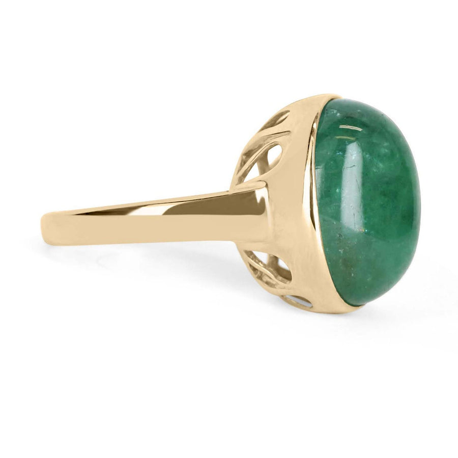 Big 16.37 Carat Dark Green Cabochon Emerald Solitaire Bezel Ring 14K